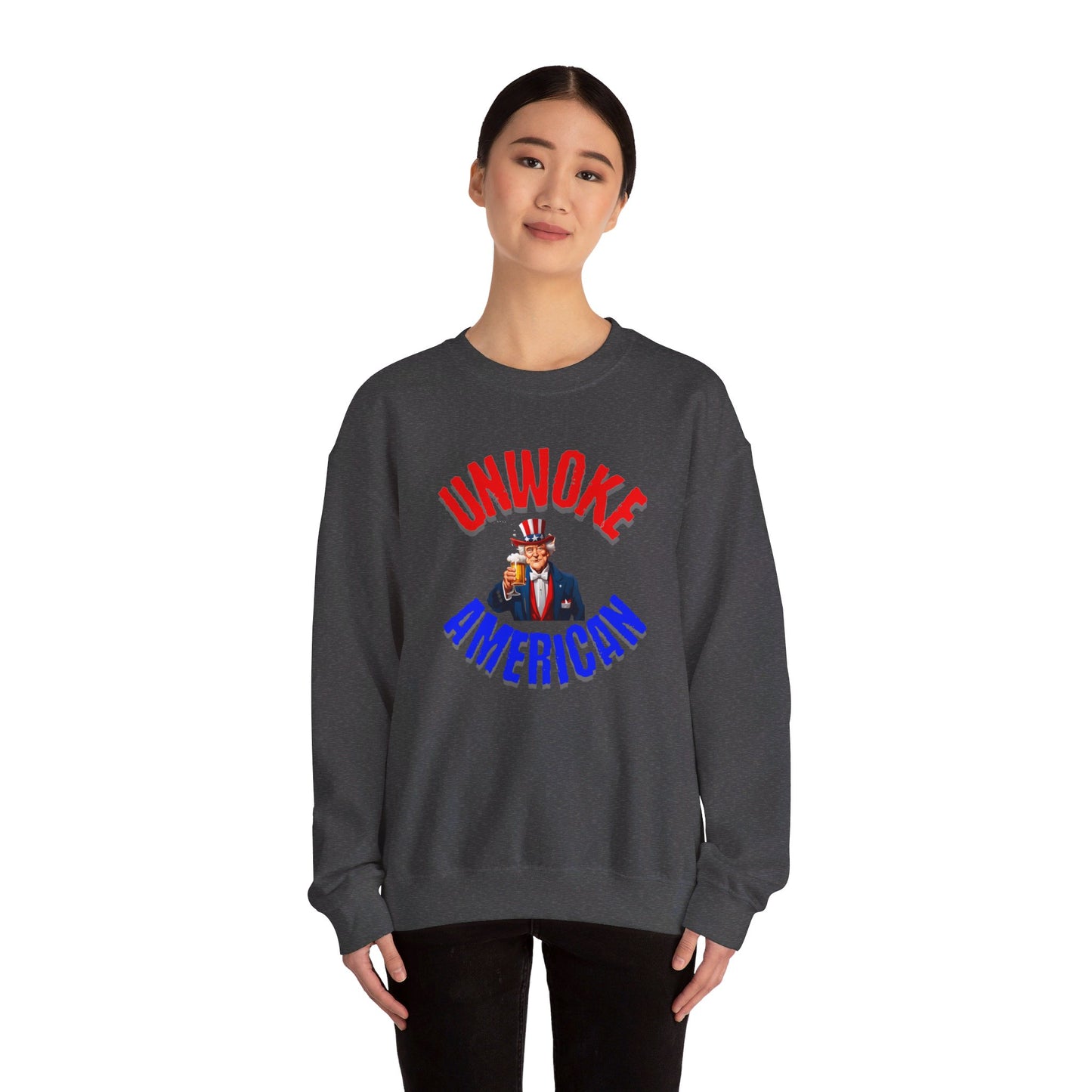 Unisex Heavy Blend "UNWOKE AMERICAN" Sweatshirt with Uncle Sam & Beer | Patriotic Comfort | Durable Design