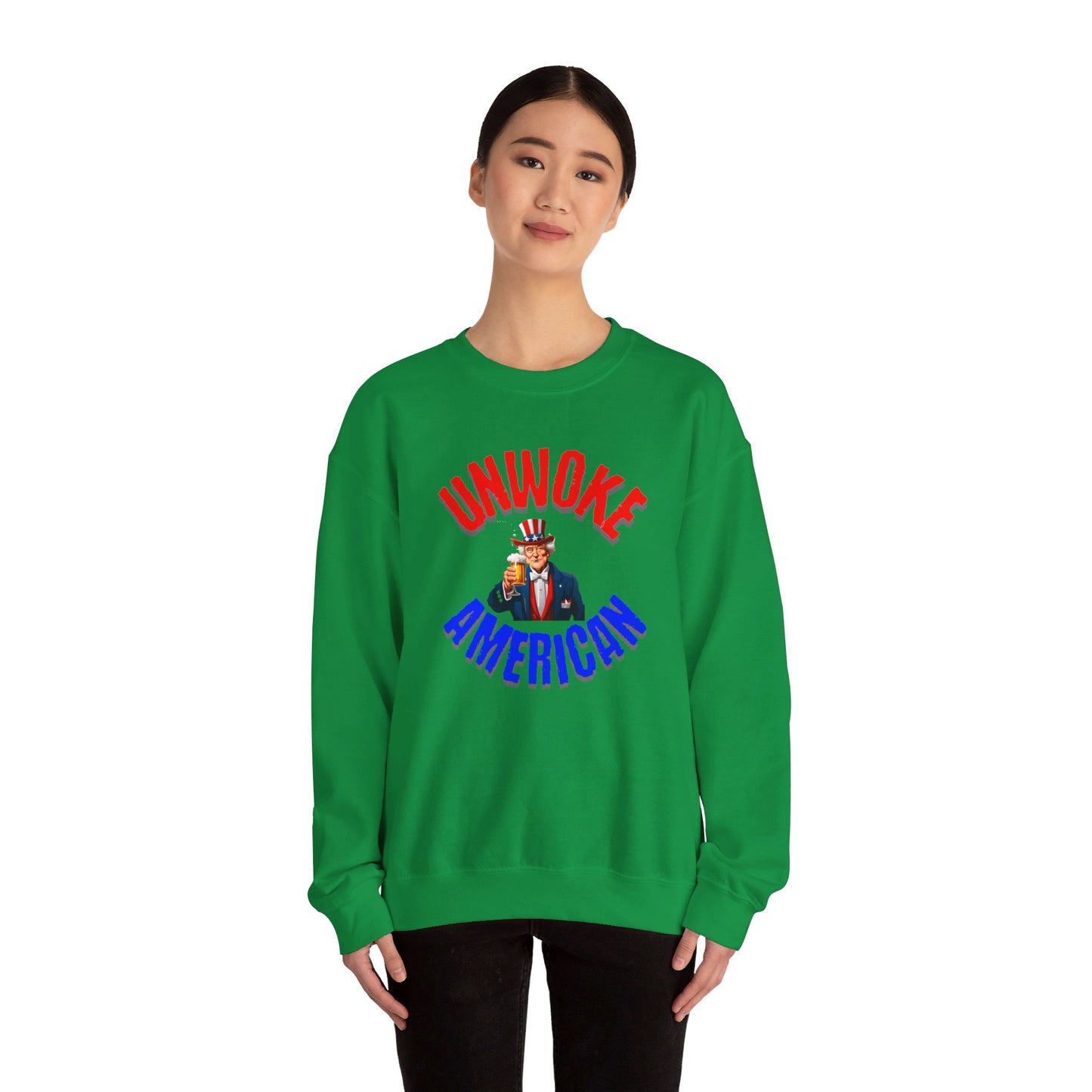 Unisex Heavy Blend "UNWOKE AMERICAN" Sweatshirt with Uncle Sam & Beer | Patriotic Comfort | Durable Design