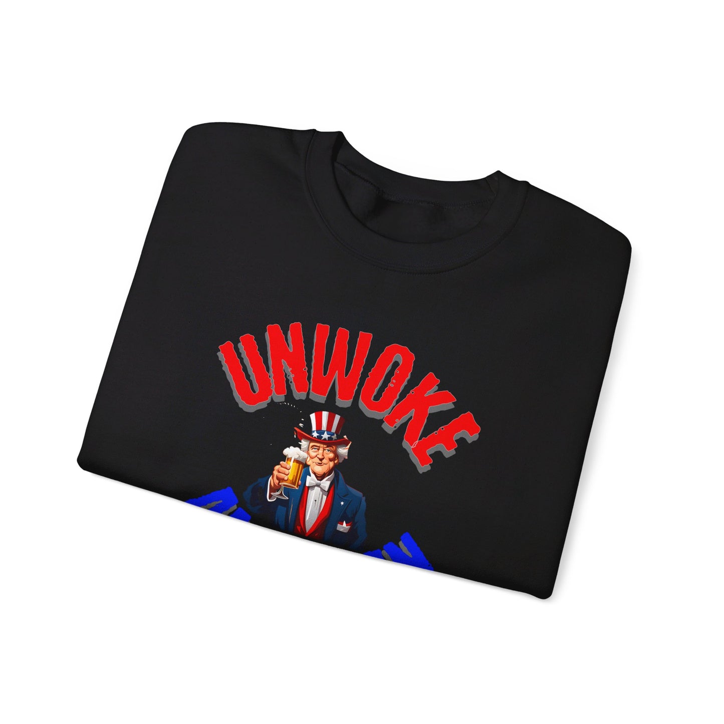Unisex Heavy Blend "UNWOKE AMERICAN" Sweatshirt with Uncle Sam & Beer | Patriotic Comfort | Durable Design