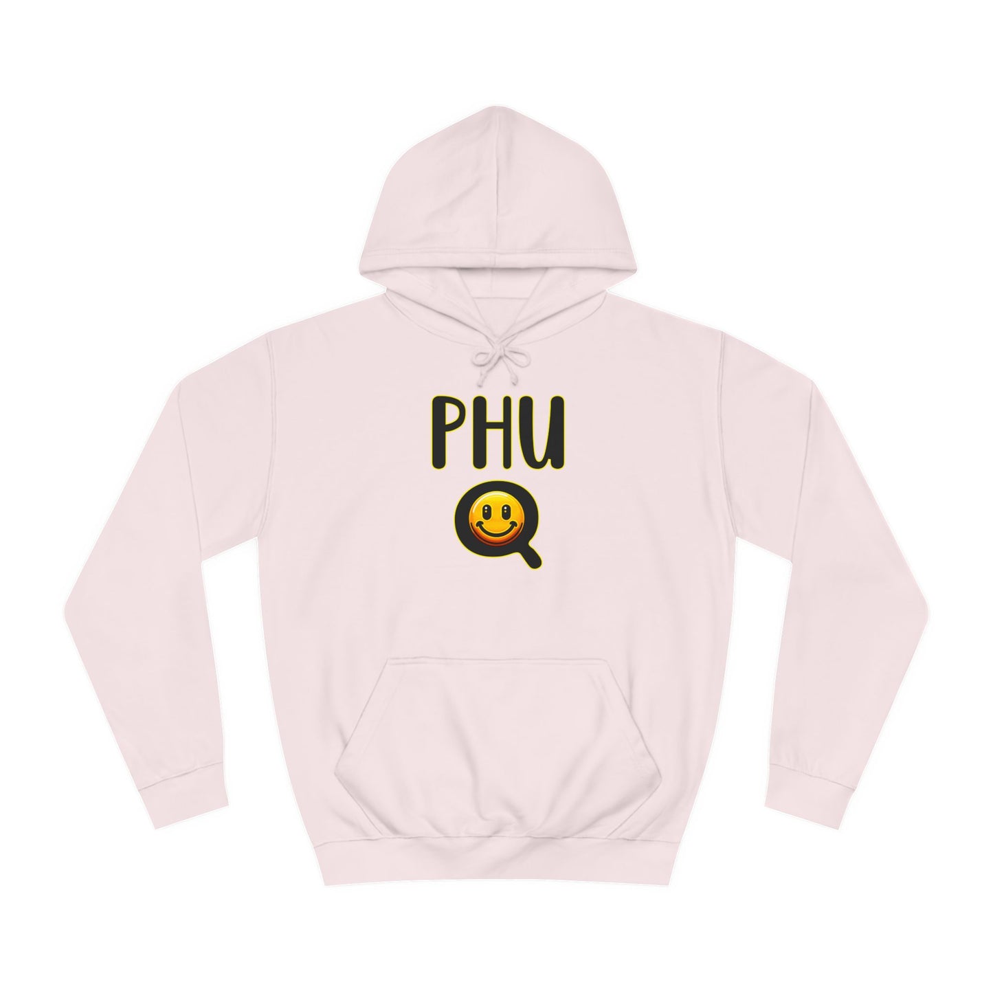 PHU Q Smiley Unisex College Hoodie, Irreverant Funny Sweatshirt, Whimsical Hooded Jacket, Humorous Pullover, Cool Hooded Sweater