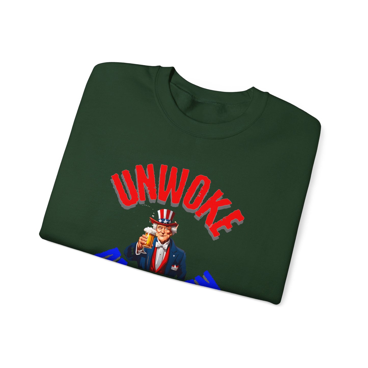 Unisex Heavy Blend "UNWOKE AMERICAN" Sweatshirt with Uncle Sam & Beer | Patriotic Comfort | Durable Design