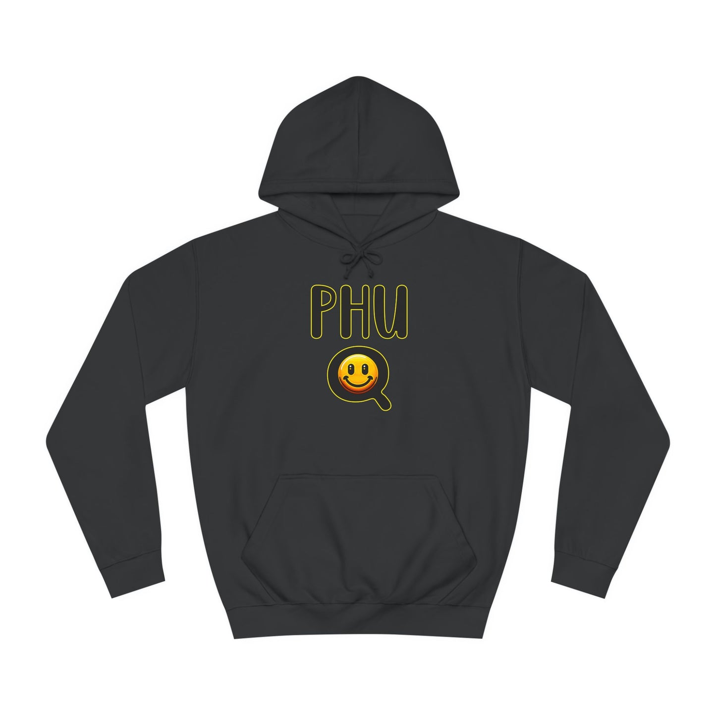 PHU Q Smiley Unisex College Hoodie, Irreverant Funny Sweatshirt, Whimsical Hooded Jacket, Humorous Pullover, Cool Hooded Sweater