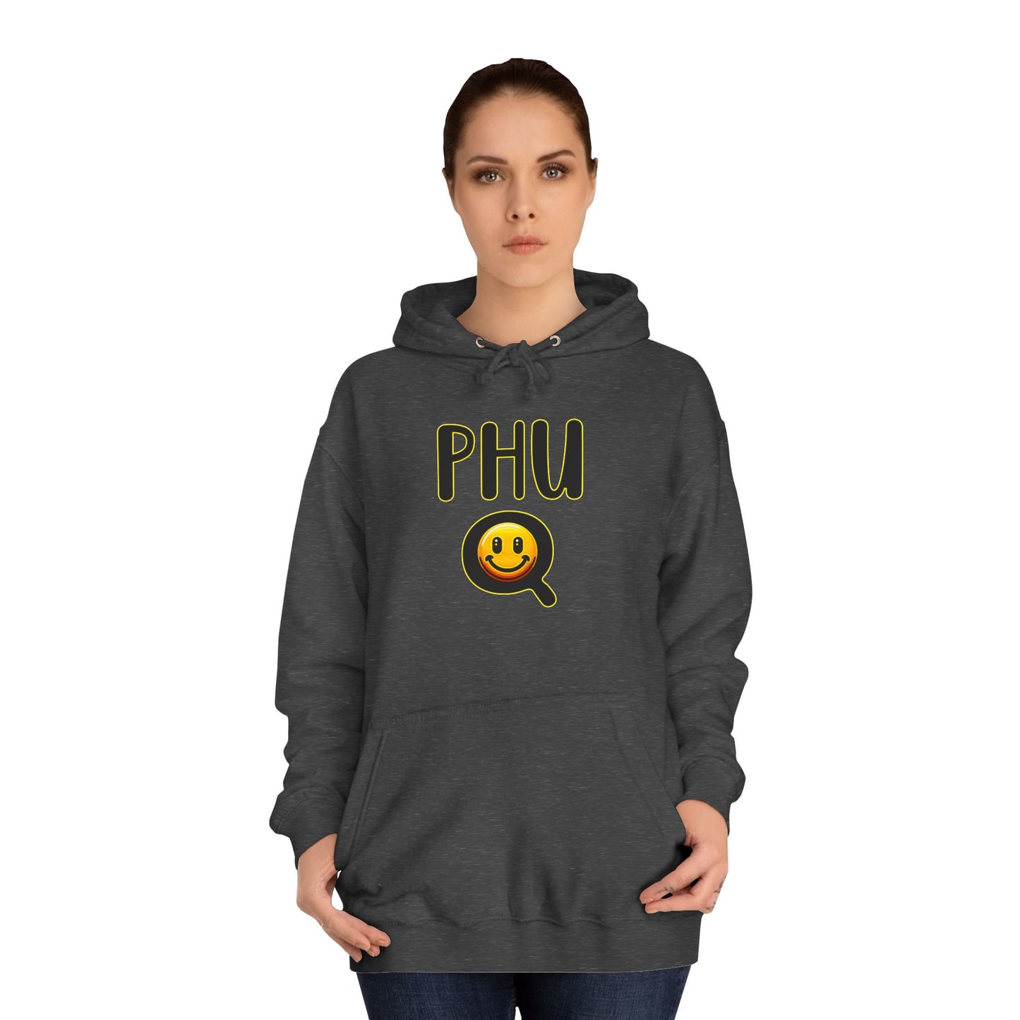PHU Q Smiley Unisex College Hoodie, Irreverant Funny Sweatshirt, Whimsical Hooded Jacket, Humorous Pullover, Cool Hooded Sweater