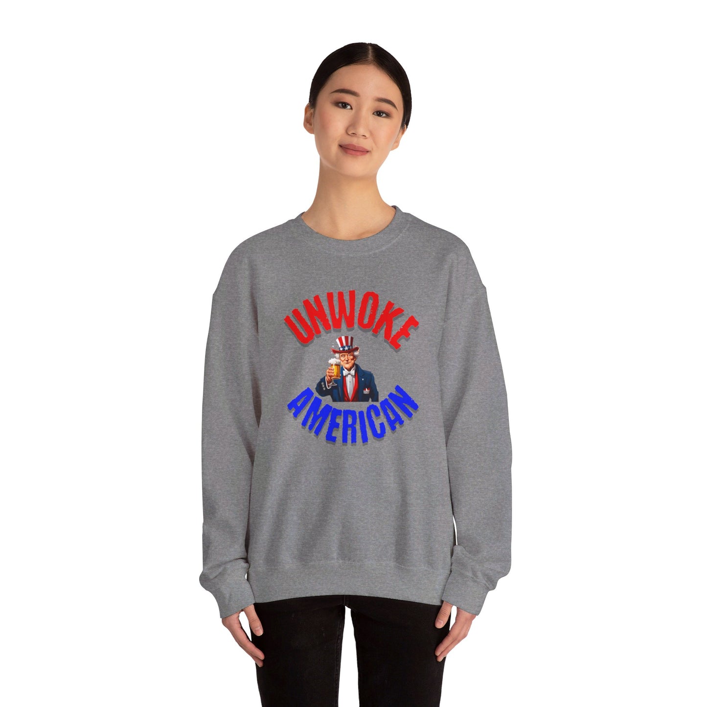 Unisex Heavy Blend "UNWOKE AMERICAN" Sweatshirt with Uncle Sam & Beer | Patriotic Comfort | Durable Design