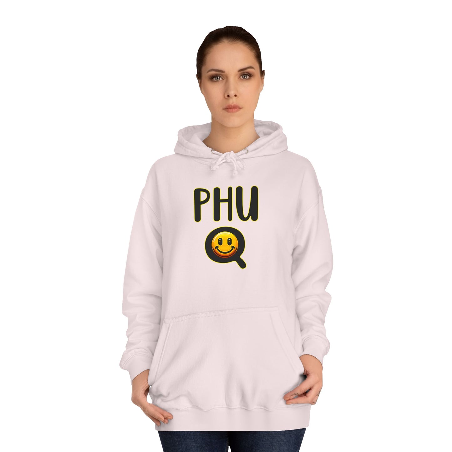PHU Q Smiley Unisex College Hoodie, Irreverant Funny Sweatshirt, Whimsical Hooded Jacket, Humorous Pullover, Cool Hooded Sweater