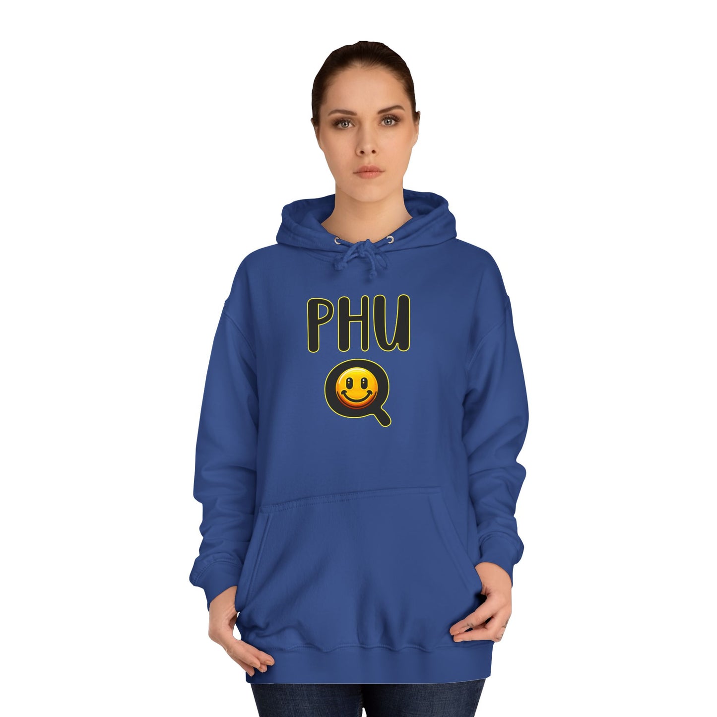 PHU Q Smiley Unisex College Hoodie, Irreverant Funny Sweatshirt, Whimsical Hooded Jacket, Humorous Pullover, Cool Hooded Sweater