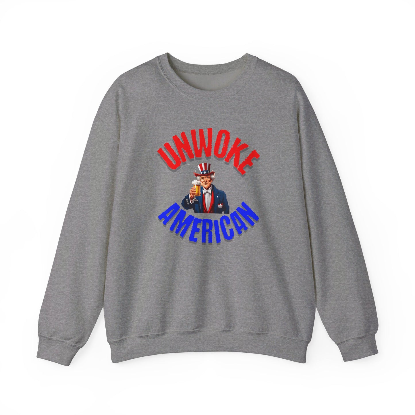 Unisex Heavy Blend "UNWOKE AMERICAN" Sweatshirt with Uncle Sam & Beer | Patriotic Comfort | Durable Design