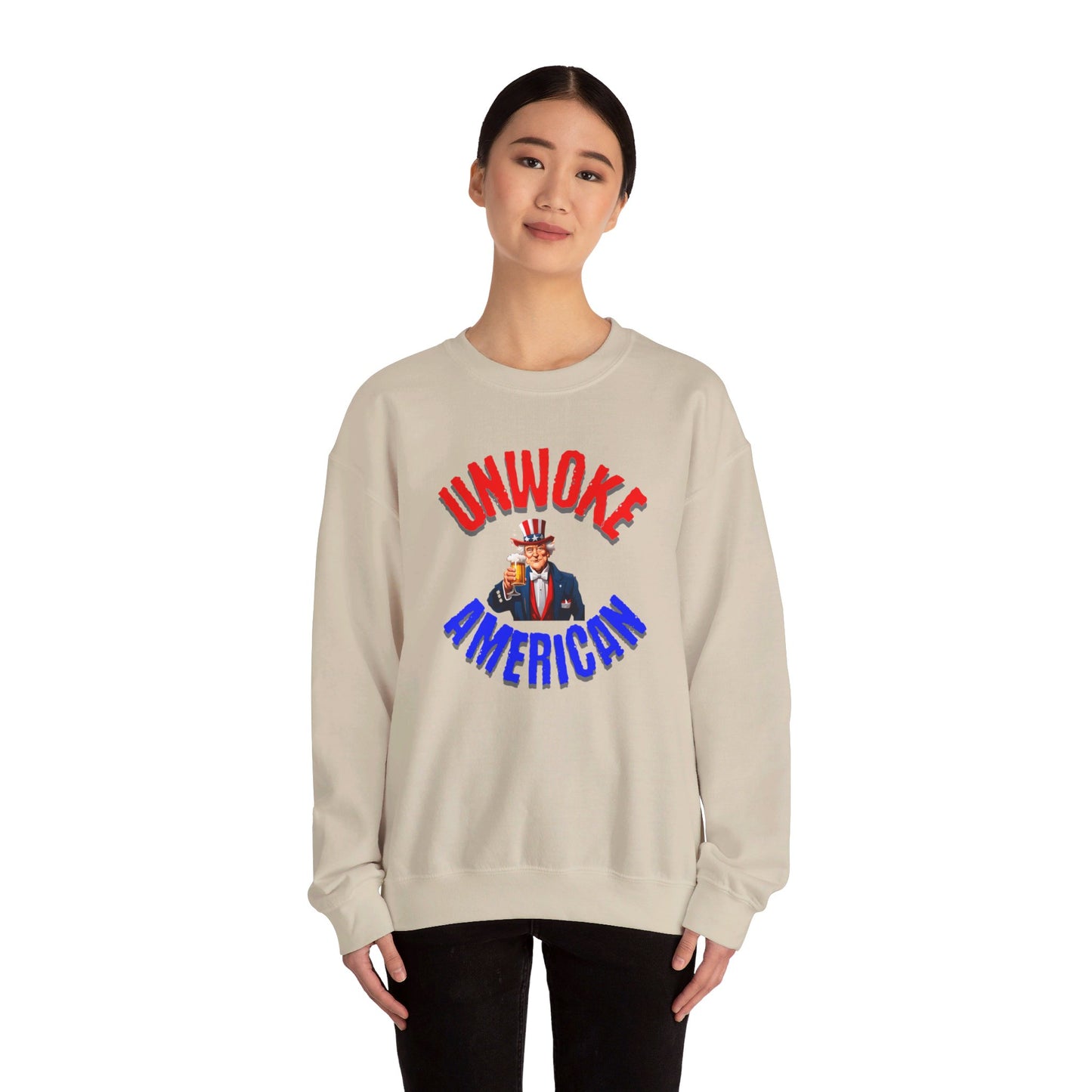 Unisex Heavy Blend "UNWOKE AMERICAN" Sweatshirt with Uncle Sam & Beer | Patriotic Comfort | Durable Design