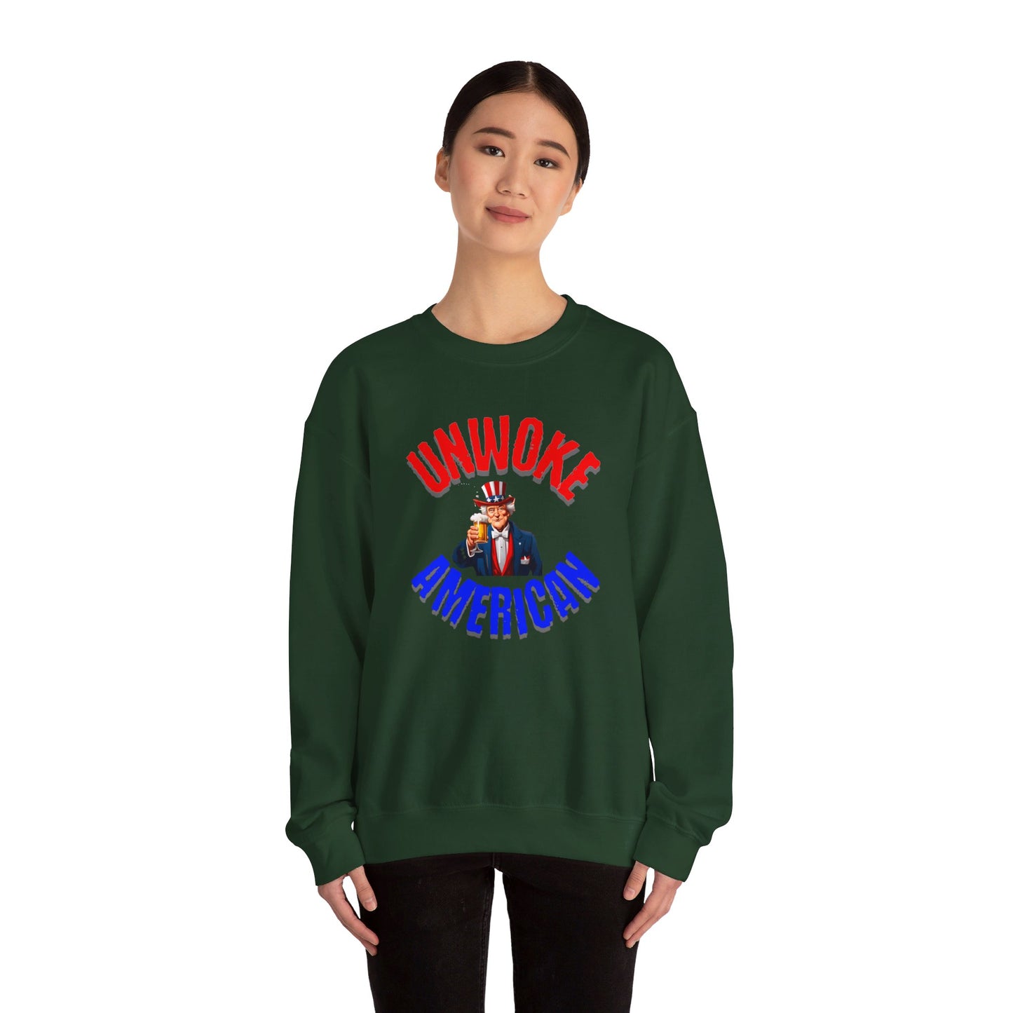 Unisex Heavy Blend "UNWOKE AMERICAN" Sweatshirt with Uncle Sam & Beer | Patriotic Comfort | Durable Design