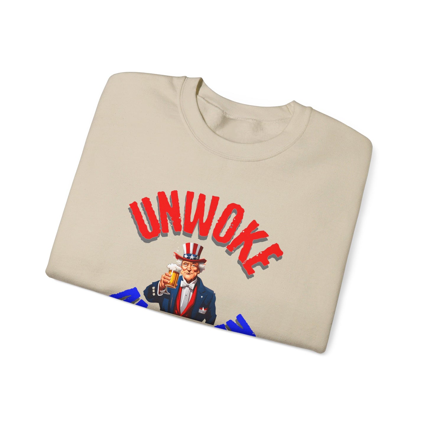 Unisex Heavy Blend "UNWOKE AMERICAN" Sweatshirt with Uncle Sam & Beer | Patriotic Comfort | Durable Design