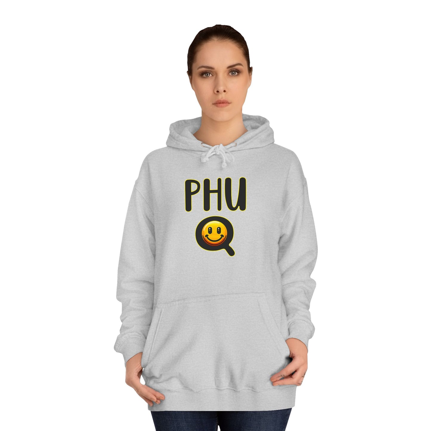 PHU Q Smiley Unisex College Hoodie, Irreverant Funny Sweatshirt, Whimsical Hooded Jacket, Humorous Pullover, Cool Hooded Sweater